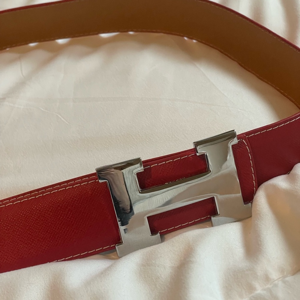 Red Leather Belt with Silver Buckle